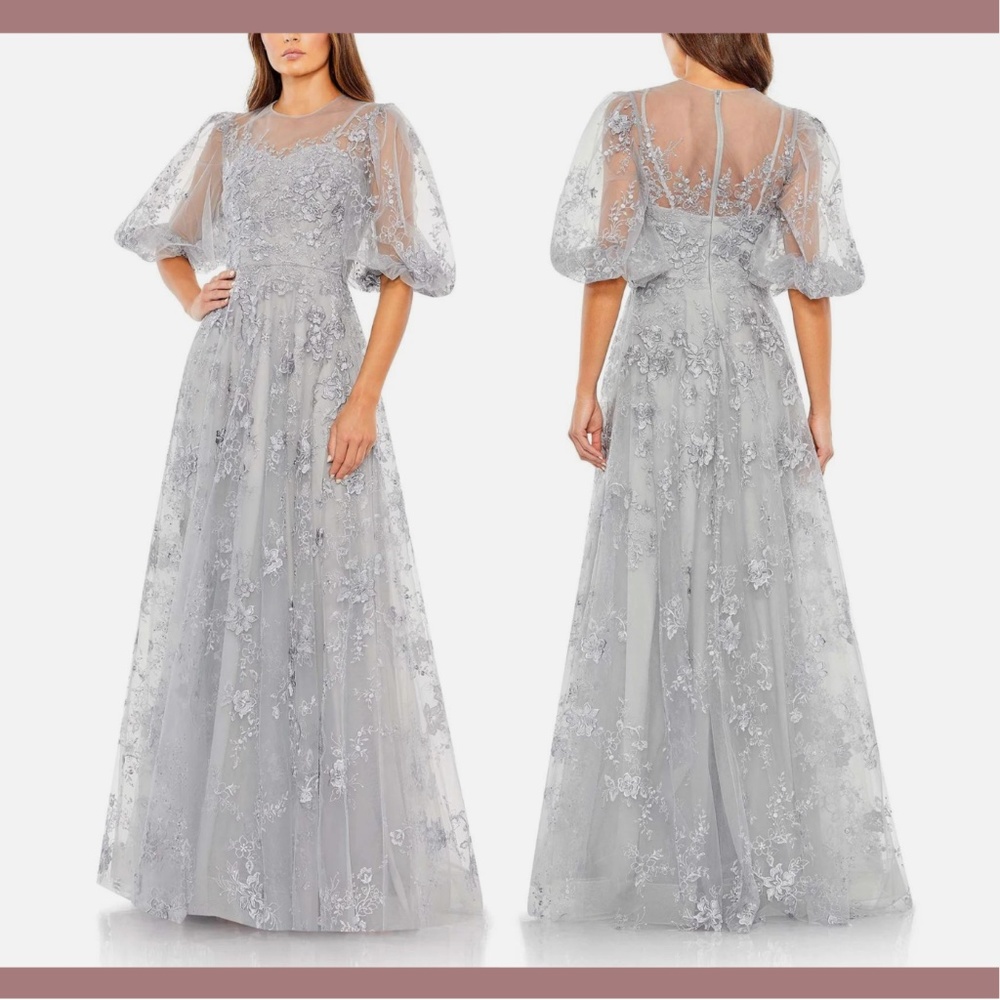 NWT $798 Mac Duggal [ 14 ] Embroidered Illusion High Neck Puff Sleeve Gown Sterl